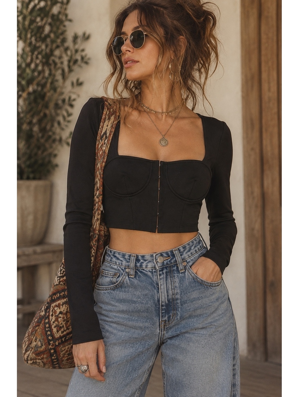 Oak + Fort Black Corset Long Sleeve Crop Top Size S NWT